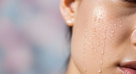 A close-up of a person's face, showcasing glistening droplets of water running down the skin.