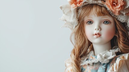 Elegant porcelain doll with a floral bonnet and enchanting blue eyes