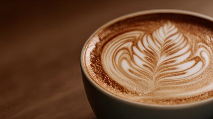 Close-up of a beautifully crafted coffee cup with intricate latte art on a warm brown surface