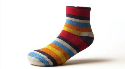 Brightly striped single sock standing on white background with light shadow