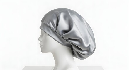 A silver satin bonnet is seen on a mannequin head, providing nighttime hair protection.