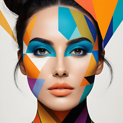 Colorful abstract portrait of a woman's face with a vibrant collage of geometric shapes and patterns