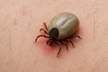 Close-up of engorged tick embedded in human skin with red swollen inflammation. Tick bite on human skin, potential disease carrier. Tick parasite burrowed into skin. Lyme disease. 