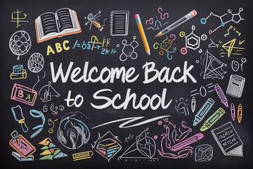 Back to School Themed Chalk Drawing with Academic Subjects and Supplies