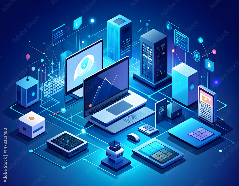 Poster isometric depiction of interconnected digital devices in a virtual network