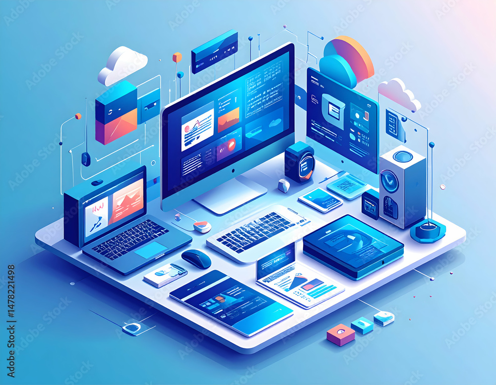 Aufkleber isometric technology ecosystem showcasing interconnected digital devices and data flow