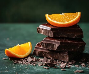 Dark chocolate pieces stacked, topped with orange slice