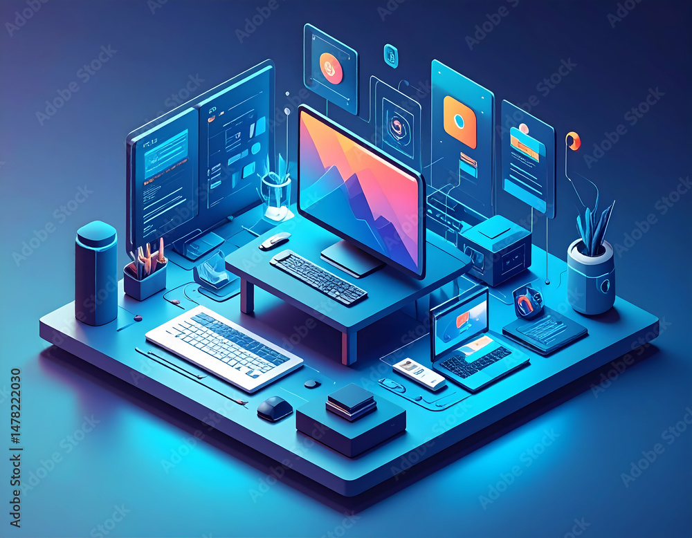 Poster isometric workspace concept featuring networked digital devices with glowing elements
