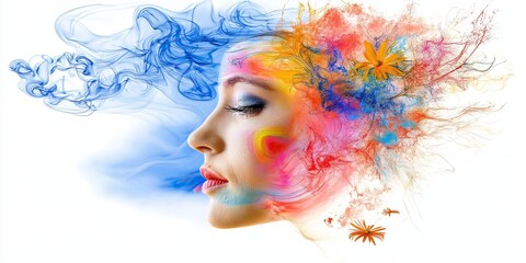 Woman relaxing with colorful flowers and blue smoke around her face