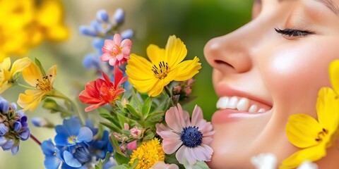 Beautiful woman smelling colorful flowers and smiling in spring