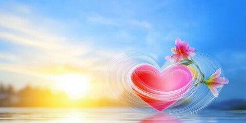 Pink heart with flowers reflecting on water at sunset