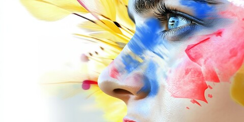 Woman with artistic makeup posing near yellow flowers