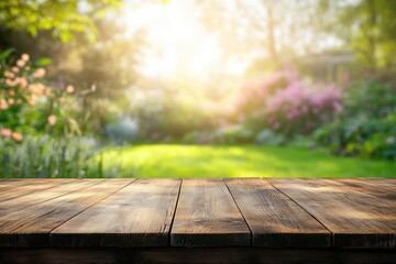 Wooden garden table top with blurred spring garden background