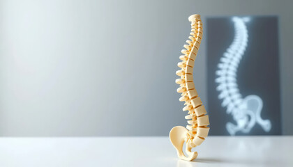 Obraz premium Spine vertebrae model with X-ray overlay on white background. Medical research and orthopedic care.