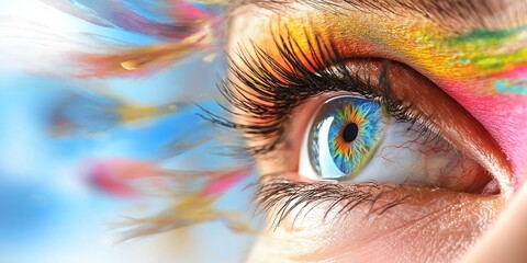 Woman eye with colorful makeup looking at bright future