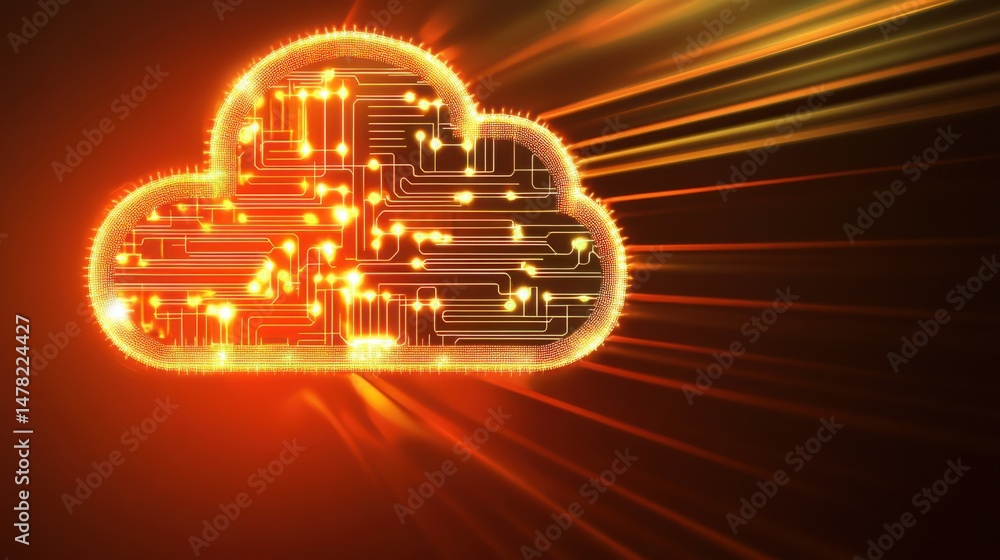 Poster digital cloud technology concept with glowing circuits and light rays