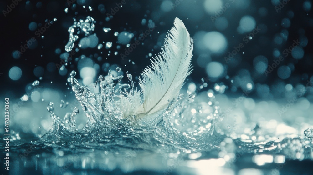 Aufkleber White feather splashing in clear water, creating a dynamic water droplet effect against a bokeh background.