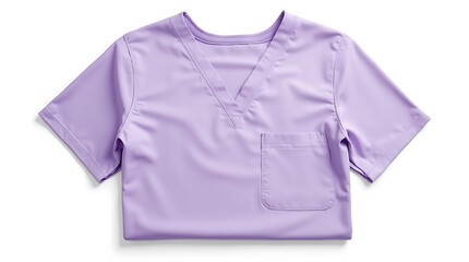 Freshly laundered folded lavender medical scrub top isolated on white background