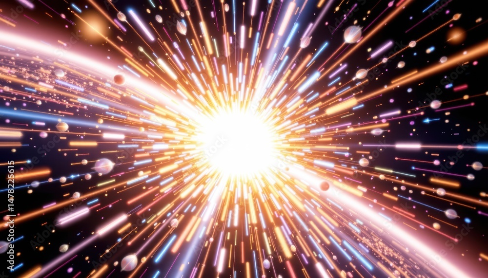 Poster cosmic explosion with vibrant light and celestial elements.
