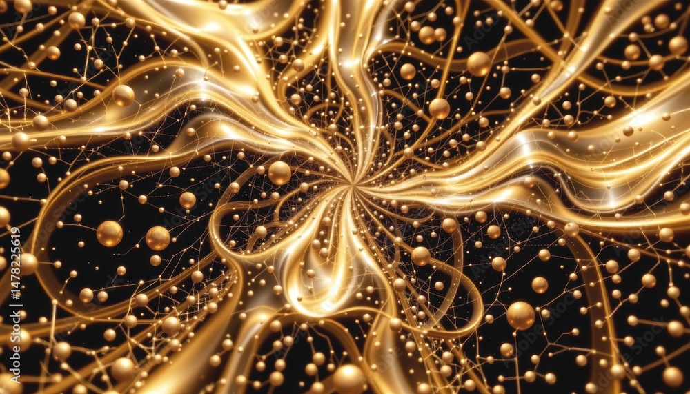 Poster abstract golden swirling pattern with dots and lines.