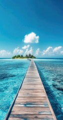 Naklejka premium Tropical island walkway. Wooden pier leads to a secluded island. Vibrant blue water and sky