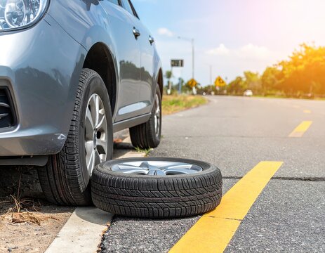 un auto con una rueda pinchada al lado de la carretera