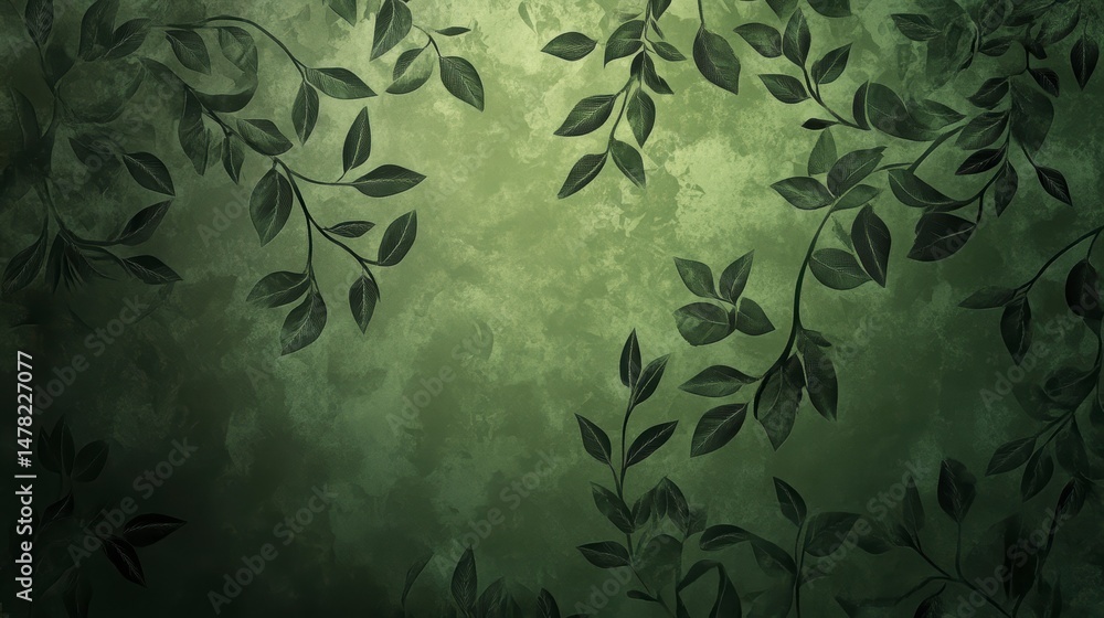 Poster dark green textured background with leafy branches and vines.