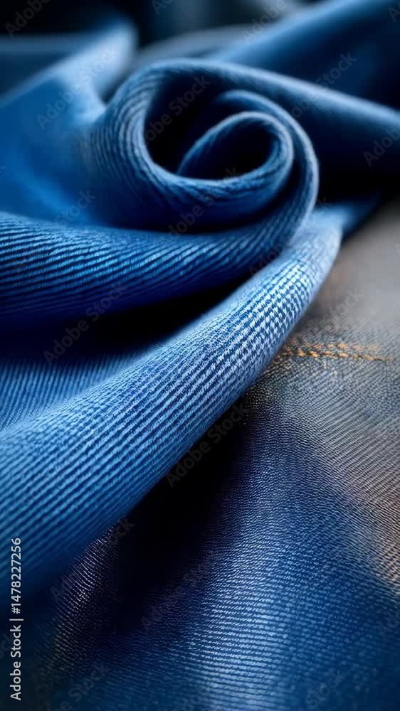 Poster abstract view of elegant blue fabric folds, creating a soft and flowing wave-like texture with subtl