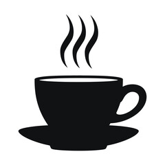 A classic black and white silhouette of a coffee cup and saucer, steaming.