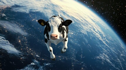 Cow Flies In Outer Space Over Planet Earth. Absurd Surreal Scene.
