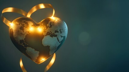 Glowing heart shaped globe encircled by ribbons of light representing global friendship love and harmony