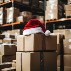 Holiday cargo.  A Santa hat sits atop stacked cardboard boxes in a warehouse, suggesting busy holiday shipping