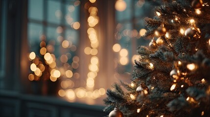 Festive Christmas tree decorated with glowing lights creating a warm golden ambiance, perfect for holiday celebrations. Soft bokeh background adding a magical touch to the scene.


