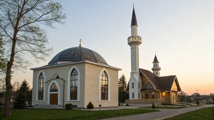 Harmonious scene mosque and church peacefully coexisting side by side together