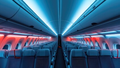 Fototapeta premium Empty airplane cabin lit with vibrant blue and red accent lighting