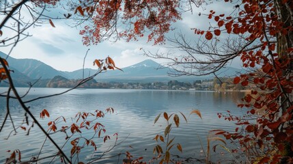 Colorful Autumn Season and Mountain Fuji with morning fog and red leaves at lake Kawaguchiko is one of the best places in Japan