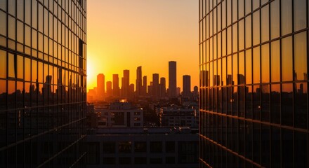Cityscape silhouette at sunset reflecting urban life and architectural glass facade