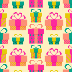 Seamless pattern with colorful gift boxes on a light yellow background. Christmas vector background.