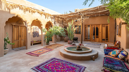 Traditional Moroccan courtyard featuring colorful rugs, a central fountain, and lush greenery