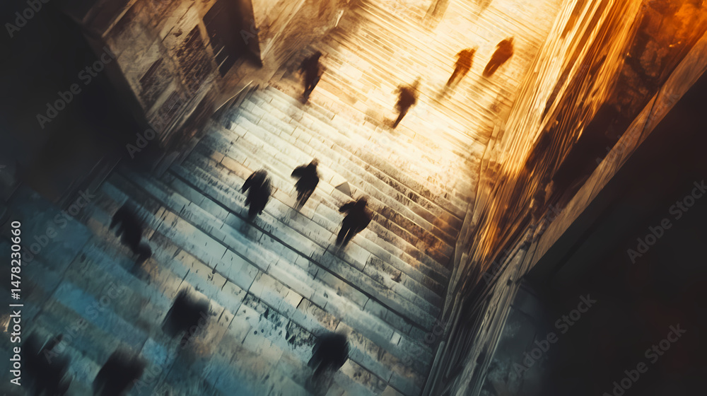 Wall mural blurred commuters descending granite steps in urban setting motion blur abstract top down view. [hol
