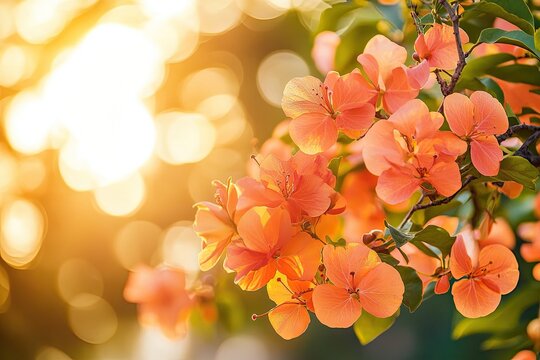 Blooming orange flowers at sunset