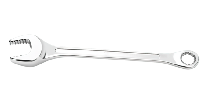Close up of a shiny metal wrench isolated on a  on transparent background