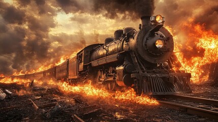 Fototapeta premium Inferno Express. A Vintage Steam Train Engulfed In Flames, Racing Through A Fiery Landscape.