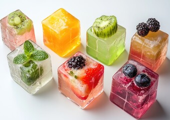 Colorful fruit ice cubes arranged in a grid pattern.  