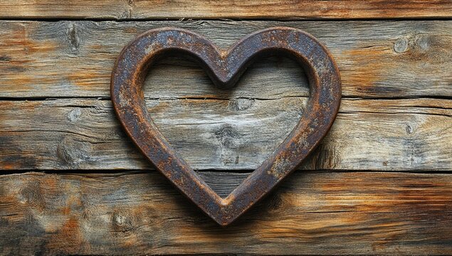 A rustic wooden background with an antique, weathered horseshoe forming a heart. The wood has natural grain. This design is perfect for romantic projects, blacksmith shops, and blacksmith workshops