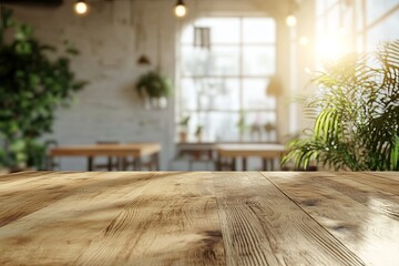 Empty wooden table in a cafe