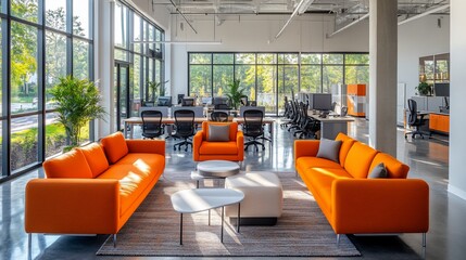Modern Open Office Space with Bright Orange Sofas and Abundant Natural Light