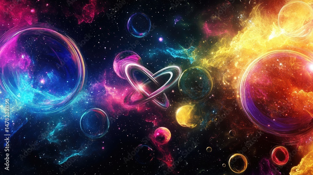Poster cosmic nebula with floating bubbles and heart shape for wallpaper or background.