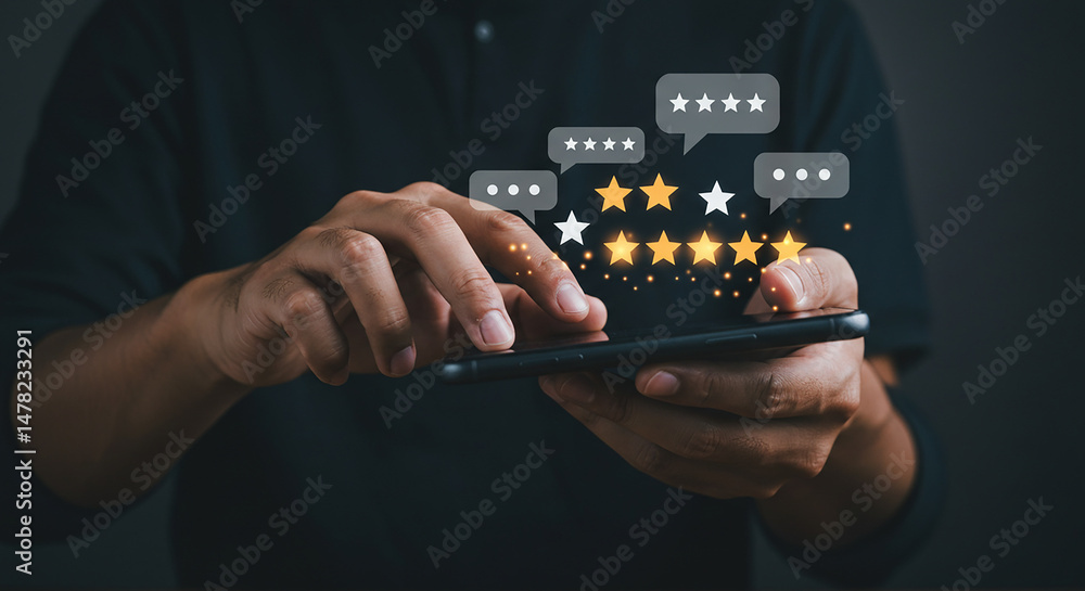 Poster a person interacts with a smartphone displaying star ratings and speech bubbles on a dark background