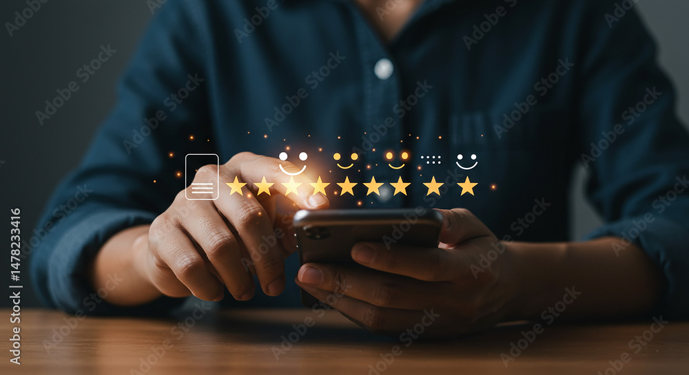 Poster person using smartphone to select rating stars for feedback or review on a digital interface screen